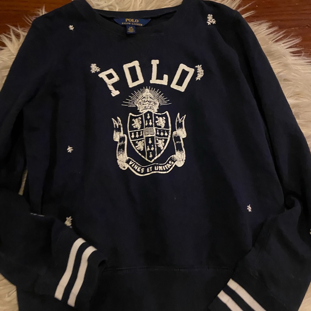 Children POLO Ralph Lauren Navy Blue Crest Fleece Sweatshirt 12-14 d03